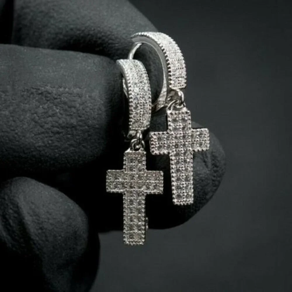 New Men 925 Sterling Silver Diamond Cross Earrings